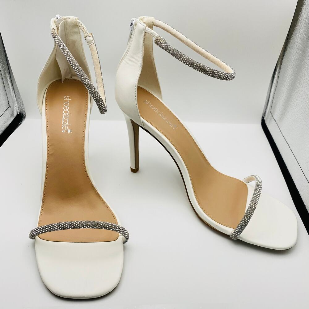ShoeDazzle Alexxia Bright White Rhinestone Ankle Strap Heels Women's Size 10